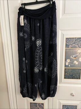 Navy Patterned Harem Pants with Fold-Over Waist
